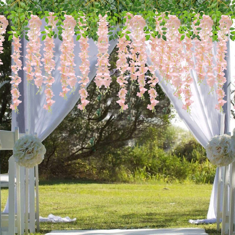 U'Artlines 24 Pack(Total 43.2 Feet) Artificial Fake Wisteria Vine Rattan Hanging Garland Silk Flowers String Home Party Wedding Decor (24, Light Pink) - Image 5
